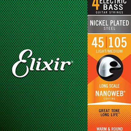 Elixir 14077 4 String Bass Light/Medium Long Scale Nickel Plated Steel Nanoweb 0.45-1.05